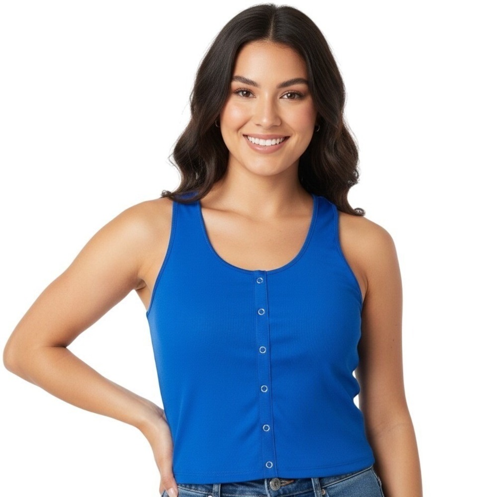 Love J Tank Top XL Blue Sleeveless Scoop Neck Ribbed Solid Minimal Modern NEW